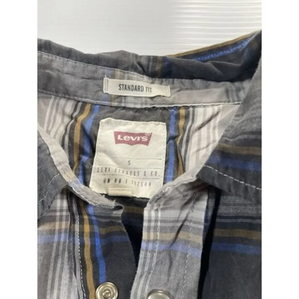 Levis Standard Fit Black Gray  Plaid Western Shirt Mens S Lumberjack Pearl Snaps
